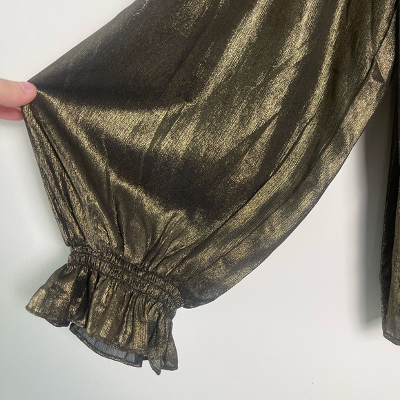 Boden | Gold Metallic Ruffle Collared Blouse Lightweight Top Party Event - Picture 4 of 8